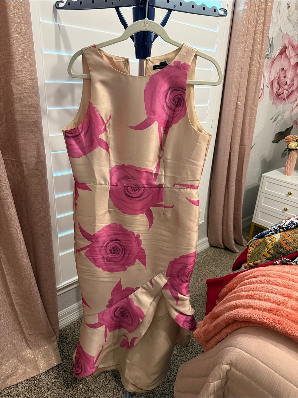 Boston Proper Cream and Pink Floral Satin Dress
